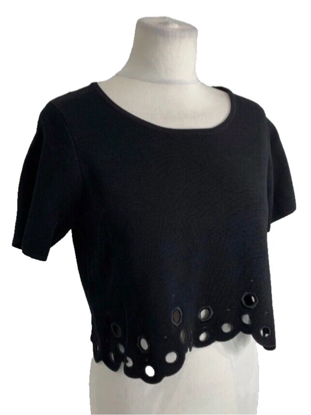 Sandro Black Crop Top with Scalloped Eyelet Hem